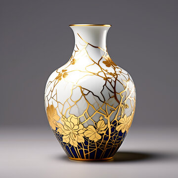 Showcase the intricate kintsugi patterns on a ceramic vase against a dark, mysterious background.