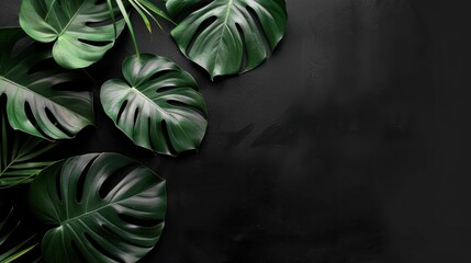 Philodendron Leaf monstera on black background with empty space. AI generated image - obrazy, fototapety, plakaty
