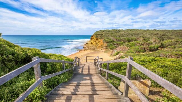Walkway of the legendary Bells Beach - the beach of the cult film Point Break, near Torquay, gateway to the Surf Coast of Victoria, Australia, where he began the famous Great Ocean Road. Cinemagraph.