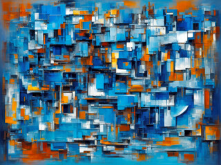 Abstract art background with a textured surface of rough square shapes in blue and orange colors
