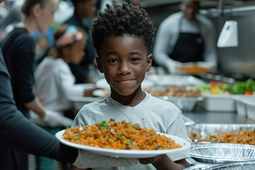 Young, positive, black boy in homeless shelter receives help, volunteers distribute food in canteen, social problems, children on street