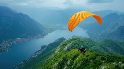 Single paraglider on an orange paragliding flies over green mountains and beautiful landscapes at beautiful day - obrazy, fototapety, plakaty