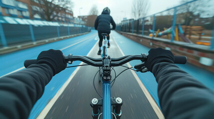 Person prepares for bike ride on an cycle track. Concept of an active lifestyle, sports leisure - obrazy, fototapety, plakaty