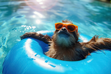 Cheerful happy sloth with sunglasses swimming in the pool on an inflatable blue circle. Concept of fun summer holidays in vacation - obrazy, fototapety, plakaty