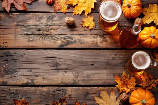A wooden table with a fall scene of leaves and pumpkins. Two glasses of beer are on the table. Oktoberfest Concept