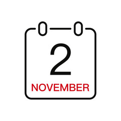 November 2 date on the calendar, vector line stroke icon for user interface. Calendar with date, vector illustration.