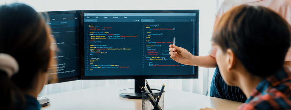 Closeup skilled young female programer present program coding and sharing programing idea while manager listening carefully.at modern office company. Java script, web design concept. Burgeoning.