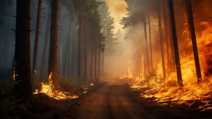 Intense forest fire engulfing trees in raging flames causing widespread devastation - obrazy, fototapety, plakaty