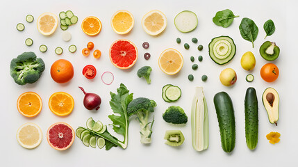 A flatlay composition of a variety of colorful fruits and vegetables, arranged in a visually appealing way, with details of the different textures, shapes, and colors of the produce.