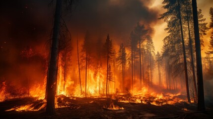 Forest on fire with trees engulfed in raging flames, a devastating scene of a blazing woodland - obrazy, fototapety, plakaty