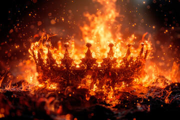 The crown is on fire, a metaphor for the loss of power and country, war. AI generative content..