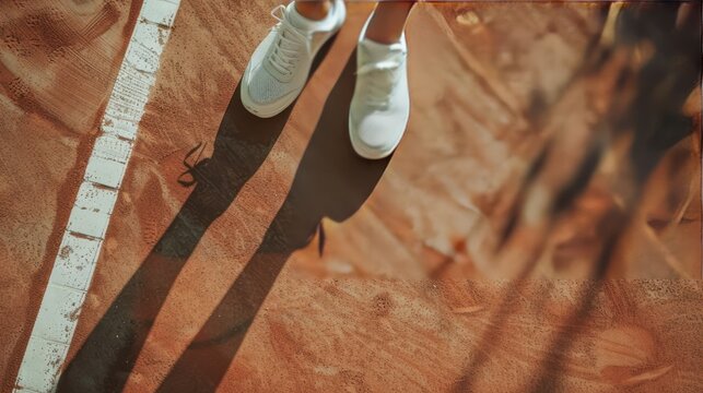 A person is standing on a tennis court with a white shoe. Tennis Roland Garros Concept