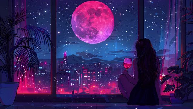The girl sits on the windowsill with a glass of wine and watches the night city. Loop animation