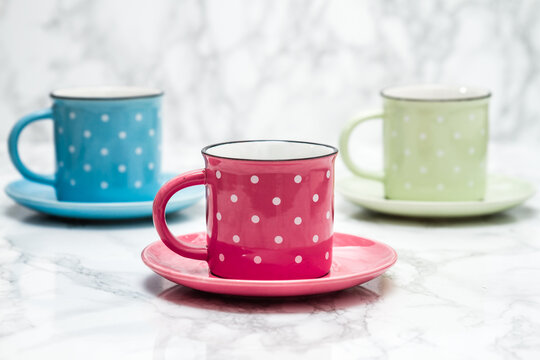 Colorful Ceramic Mugs, Pink, Blue and Yellow with White Dots