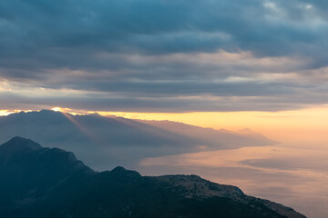 Scenic view from on top of mount Kula near Omis, Dinara mountains, Split-Dalmatia, Croatia, Europe....