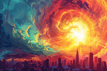 Obraz premium Whirlwind of vivid colors over urban skyline at sunset