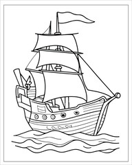 Pirate Ship Coloring Pages, Ship Vector, black and white ship illustration