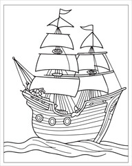 Pirate Ship Coloring Pages, Ship Vector, black and white ship illustration