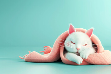 Cute white kitten sleeps in a pink blanket on a blue background.