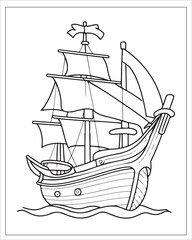 Pirate Ship Coloring Pages, Ship Vector, black and white ship illustration