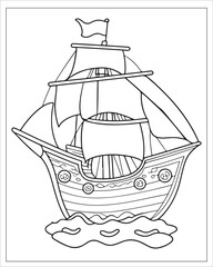 Pirate Ship Coloring Pages, Ship Vector, black and white ship illustration