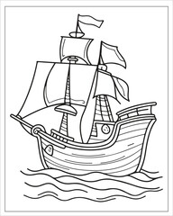 Pirate Ship Coloring Pages, Ship Vector, black and white ship illustration