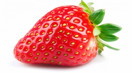 a close up of a red strawberry with a green leaf on the tip of it's stem, on a white background.