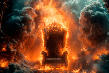 The throne is on fire, a metaphor for the loss of power and country, war. AI generative content.. - 759179953