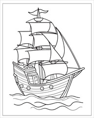 Pirate Ship Coloring Pages, Ship Vector, black and white ship illustration