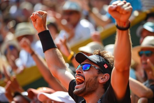 A man is holding his hands up in the air while wearing sunglasses and a visor. He is smiling and he is celebrating. Tennis Roland Garros Concept