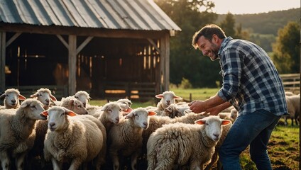 Happy male farmer in plaid shirt with sheep in barn on farm