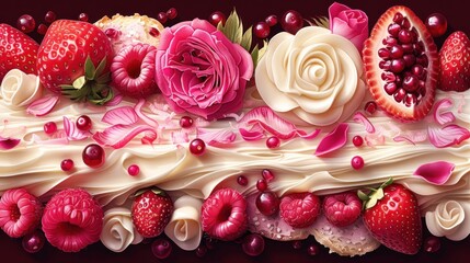 Naklejka premium a cake with strawberries, raspberries, roses, and cream frosting on top of a table.