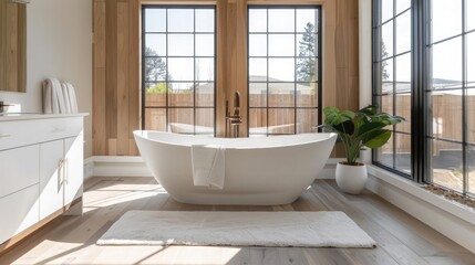 Roomy and modern bath, free tub, minimal design, ample light, peaceful color scheme - obrazy, fototapety, plakaty