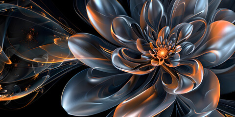 Ultra-sharp 3D rendering of a fractal flower, its metallic petals unfolding with a cosmic glow on a black canvas  - obrazy, fototapety, plakaty