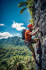 Obraz premium A mountaineer climbs a steep cliff against a tropical jungle backdrop. Extreme sport, travel and nature concept. Mountain landscape view for wallpaper, poster, card