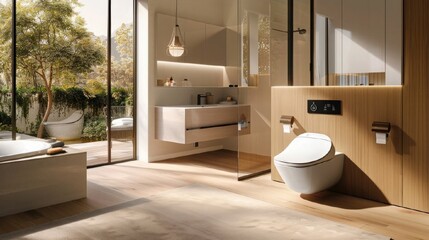 Contemporary washroom, intelligent toilet, voice-command lights, glossy cabinets, digital shower panel - obrazy, fototapety, plakaty