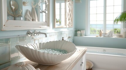 Coastal-themed with sea glass tile shell-shaped sink, natural light, and sand-and-water color scheme for a beachy feel