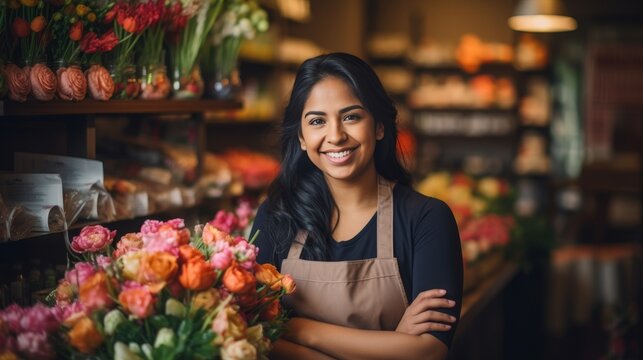 Happy hispanic woman entrepreneur in flower shop   small business owner smiling in florist store