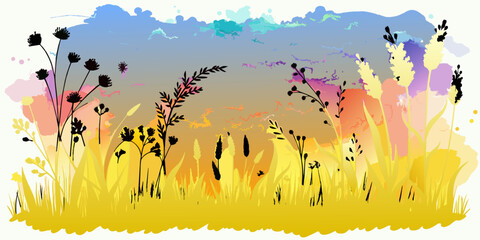 Vector illustration of grass silhouettes against the background of the sunset.