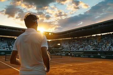 A man stands on a tennis court with a crowd of people watching him. The sun is setting, casting a warm glow over the scene. Tennis Roland Garros Concept - obrazy, fototapety, plakaty