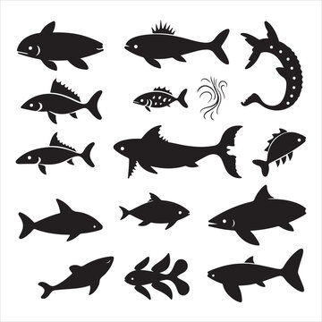 A black silhouette Sea animals set
