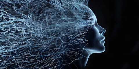 3D visualization of an expressive human gaze created from white digital lines, emerging from the darkness with a hint of blue light