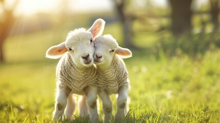 Fototapeta premium Funny two lambs playing in the green field at sunny day. AI generated image