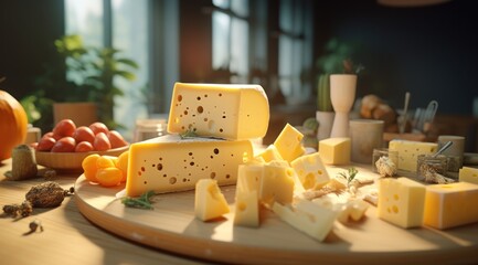a variety of cheeses on a cutting board on a table with other cheeses and fruits in the background.