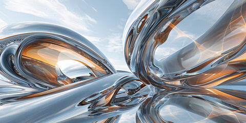 Abstract 3D glass structures, intertwined with a polished chrome skeleton, reflecting an ethereal sky - obrazy, fototapety, plakaty