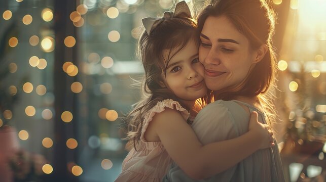 Happy family mother and daughter hugging in beautiful moment at home. AI generated image