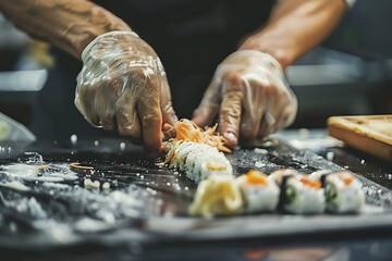 Person Preparing Sushi Rolls on Cutting Board - Powered by Adobe
