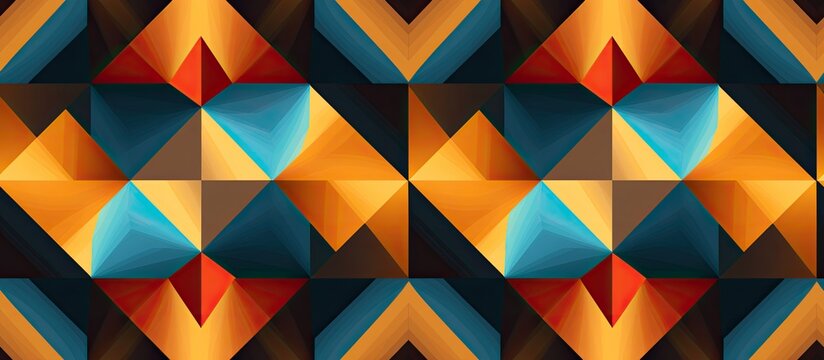 A creative arts piece featuring a colorful geometric pattern of triangles in electric blue and azure hues on a black textile background, showcasing symmetry and beautiful lighting effects