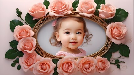 a face of a beautiful baby girl from a photo frame of roses
