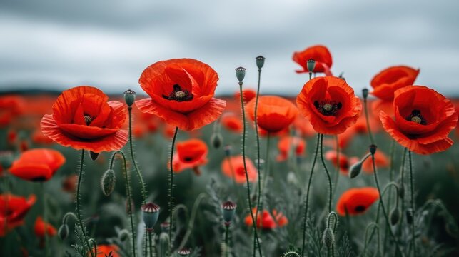 a field full of red flowers with a cloudy sky in the background of the picture is a field of green grass and red poppies.